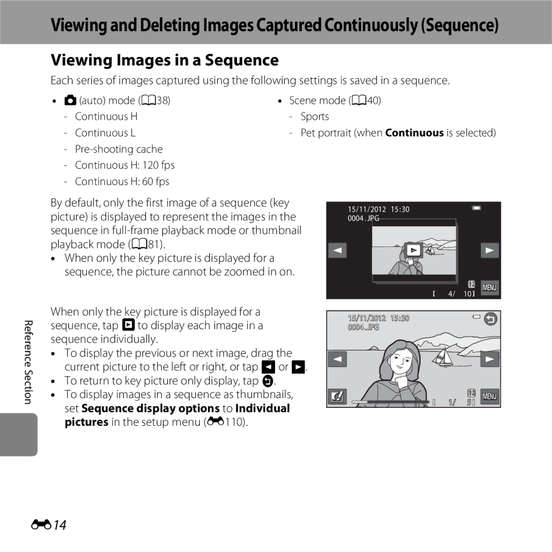 Nikon S6400 manual Viewing Images in a Sequence, E14, To return to key picture only display, tap J 