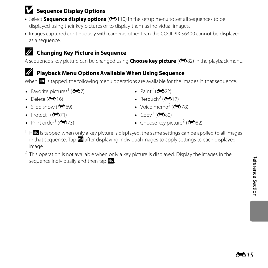 Nikon S6400 manual E15, Sequence Display Options 