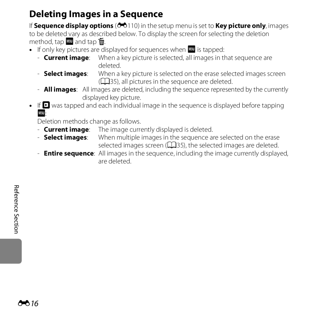 Nikon S6400 manual Deleting Images in a Sequence, E16 