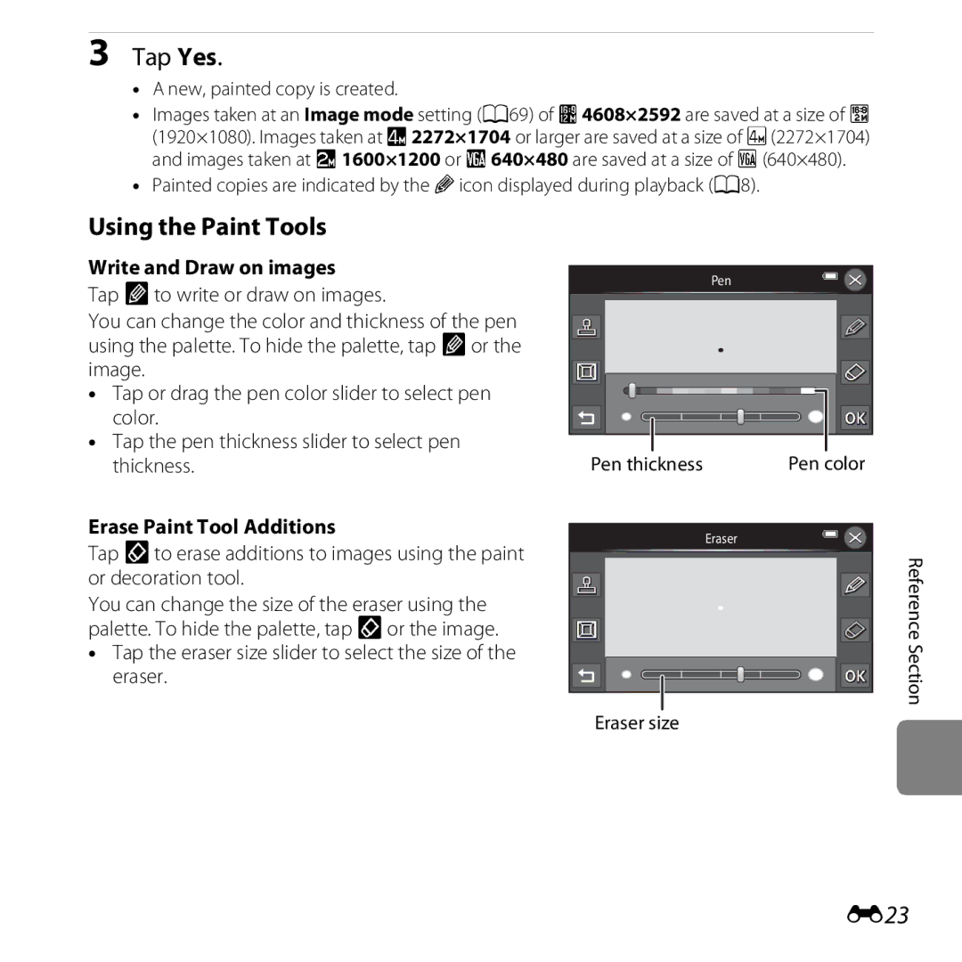 Nikon S6400 manual Using the Paint Tools, E23, Write and Draw on images, Erase Paint Tool Additions 