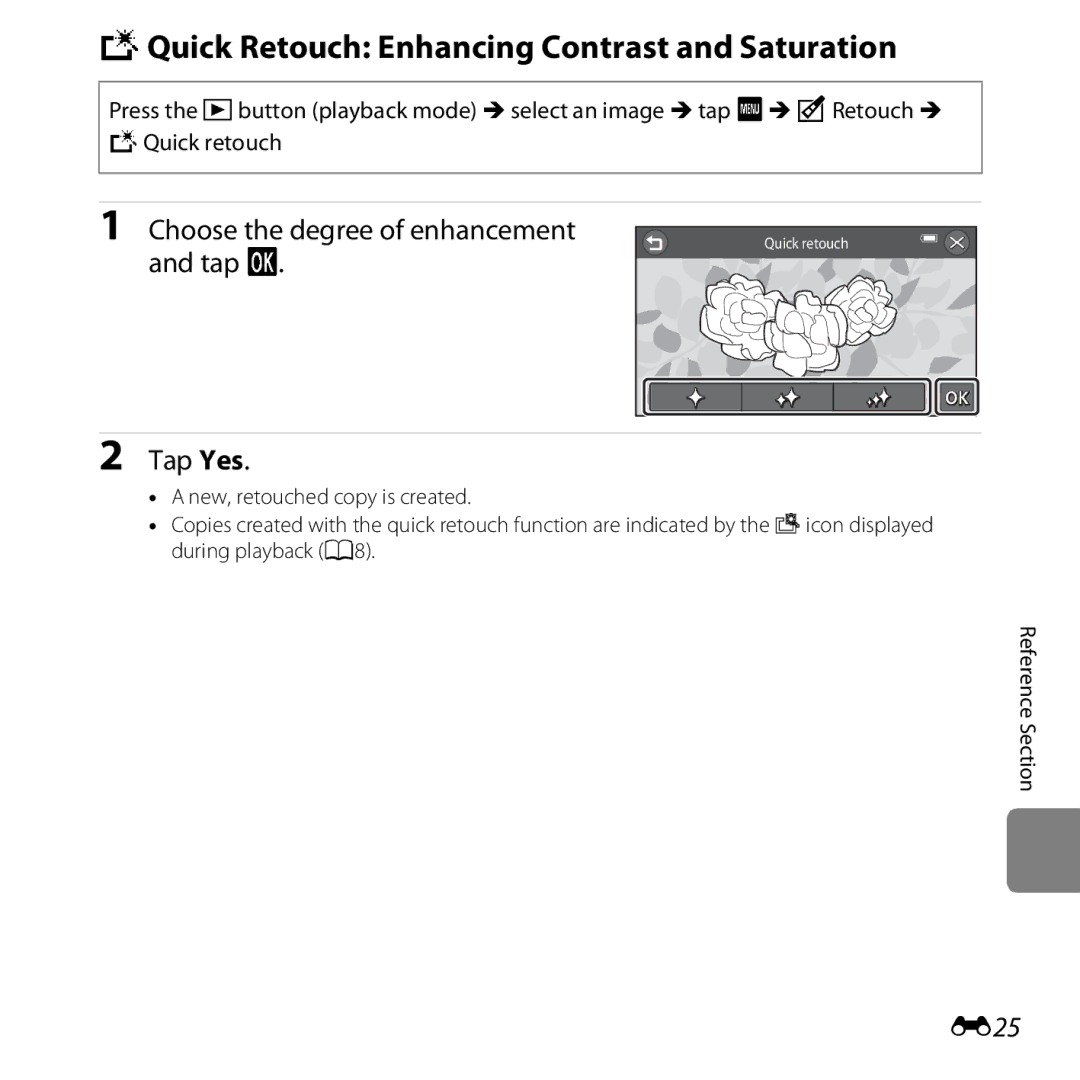 Nikon S6400 manual KQuick Retouch Enhancing Contrast and Saturation, Choose the degree of enhancement and tap, E25 