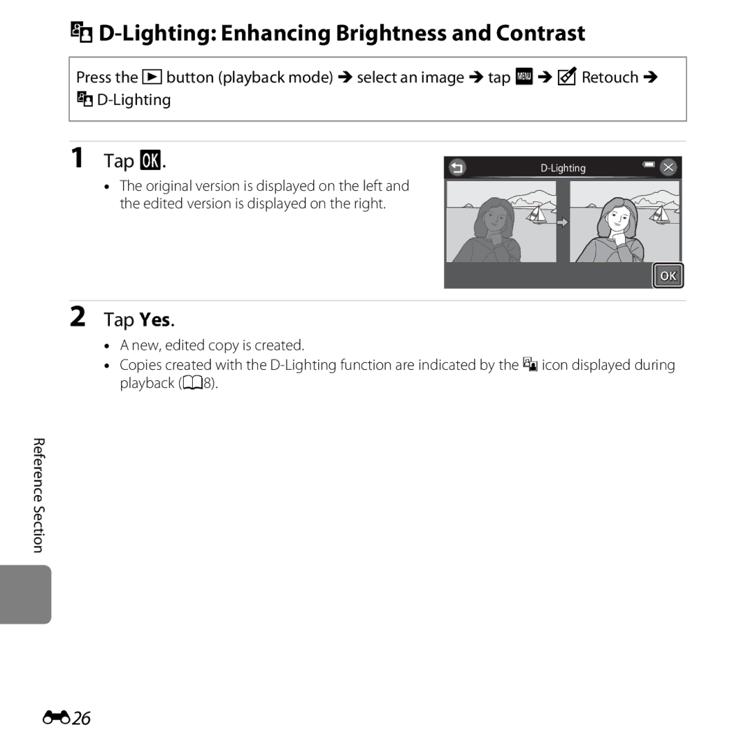 Nikon S6400 manual Lighting Enhancing Brightness and Contrast, E26 