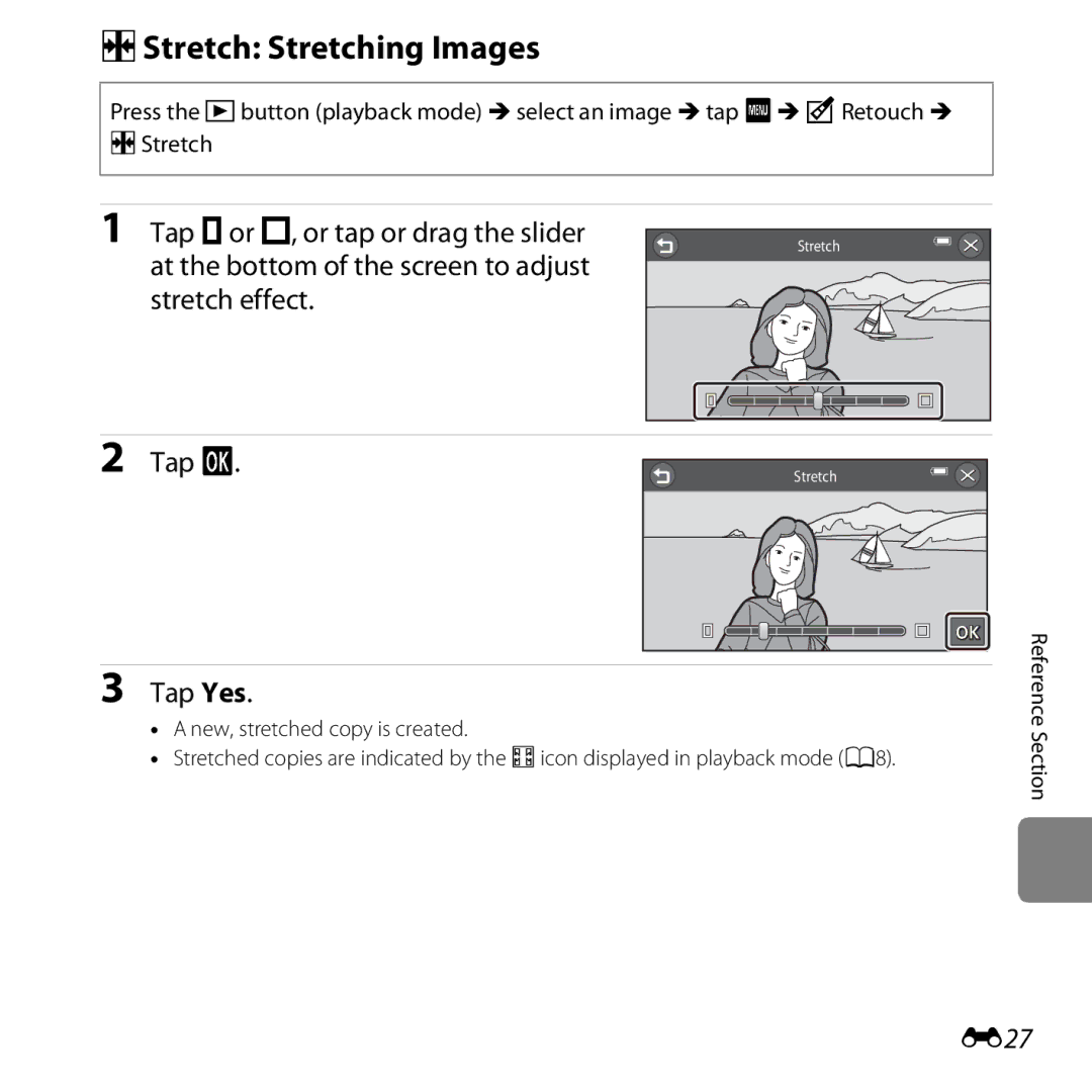 Nikon S6400 manual PStretch Stretching Images, Tap Tap Yes, E27 