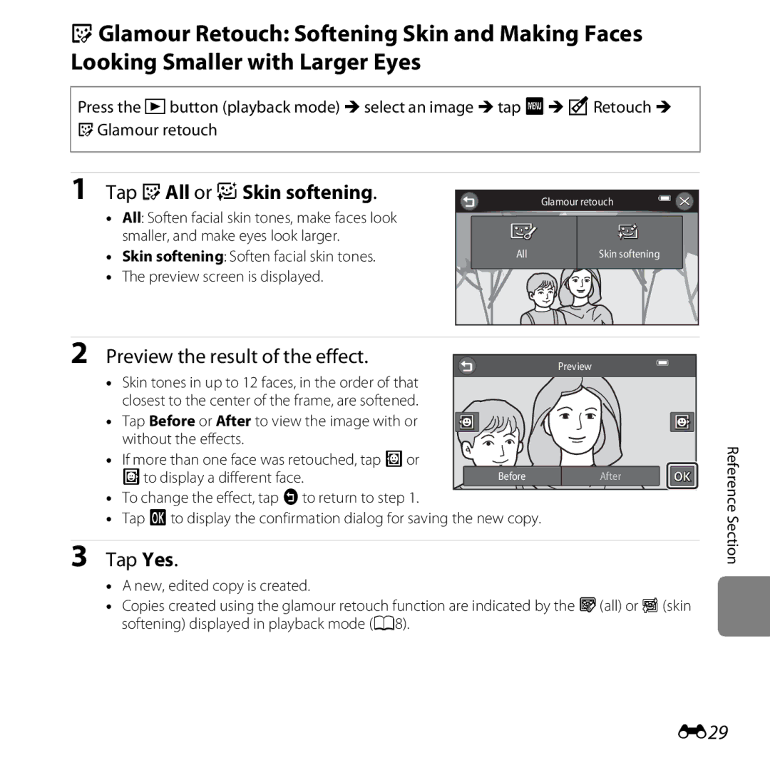 Nikon S6400 manual Tap jAll or eSkin softening, Preview the result of the effect, E29, Preview screen is displayed 