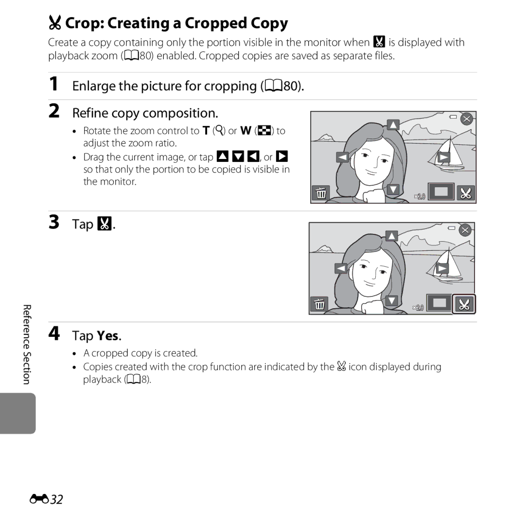 Nikon S6400 manual OCrop Creating a Cropped Copy, Tap G Tap Yes, E32 