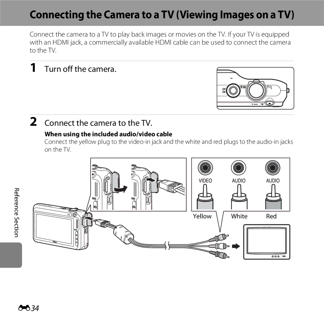 Nikon S6400 manual Turn off the camera Connect the camera to the TV, E34, When using the included audio/video cable 