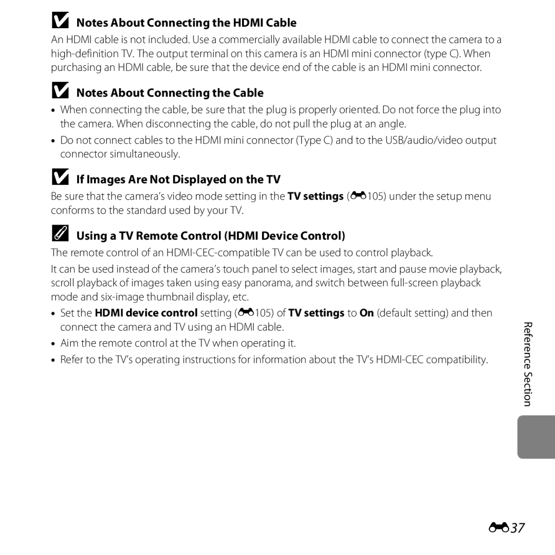 Nikon S6400 manual E37, If Images Are Not Displayed on the TV, Using a TV Remote Control Hdmi Device Control 