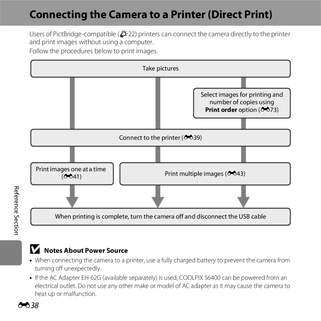 Nikon S6400 manual Connecting the Camera to a Printer Direct Print, E38, Print order option E73 