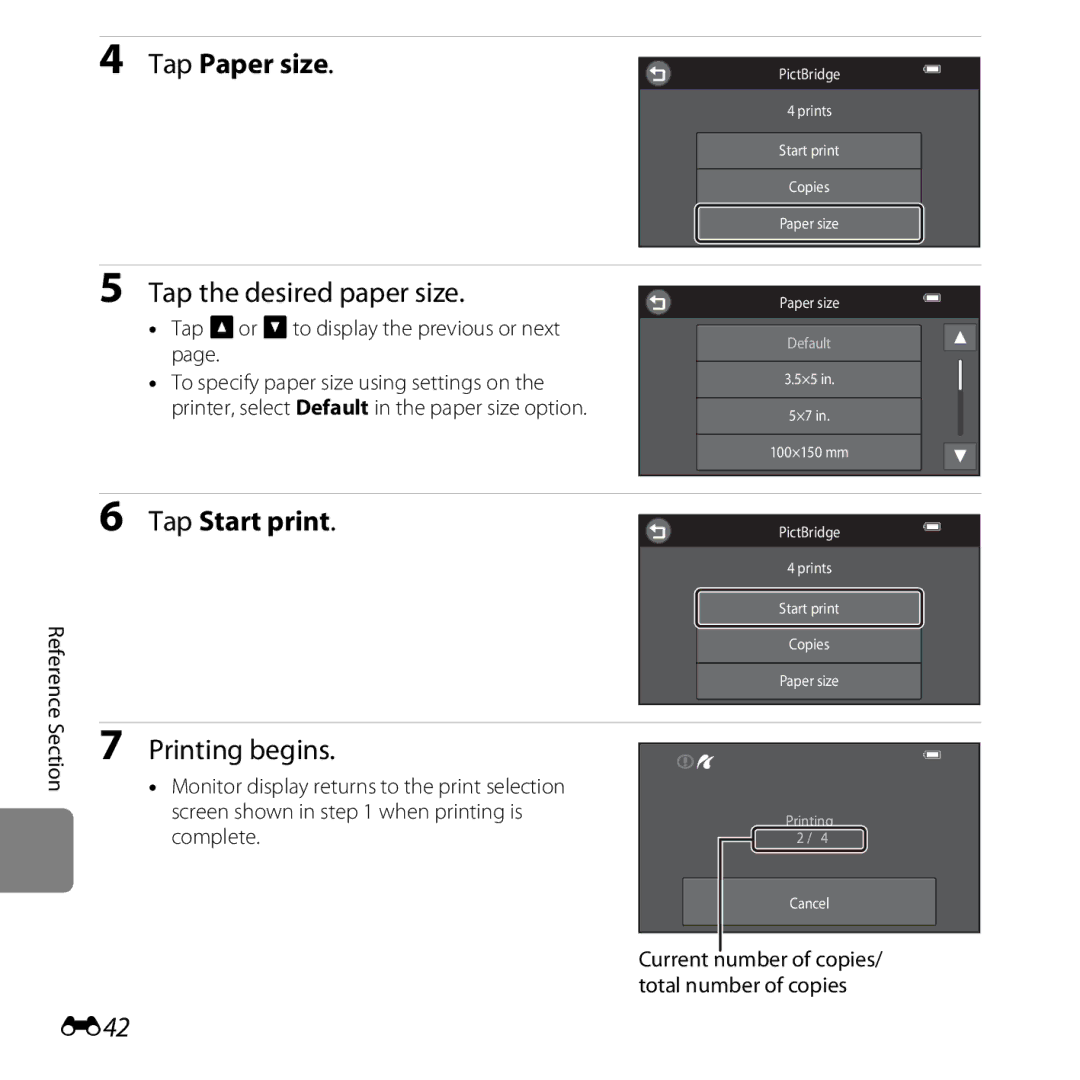 Nikon S6400 manual Tap the desired paper size, Printing begins, E42 