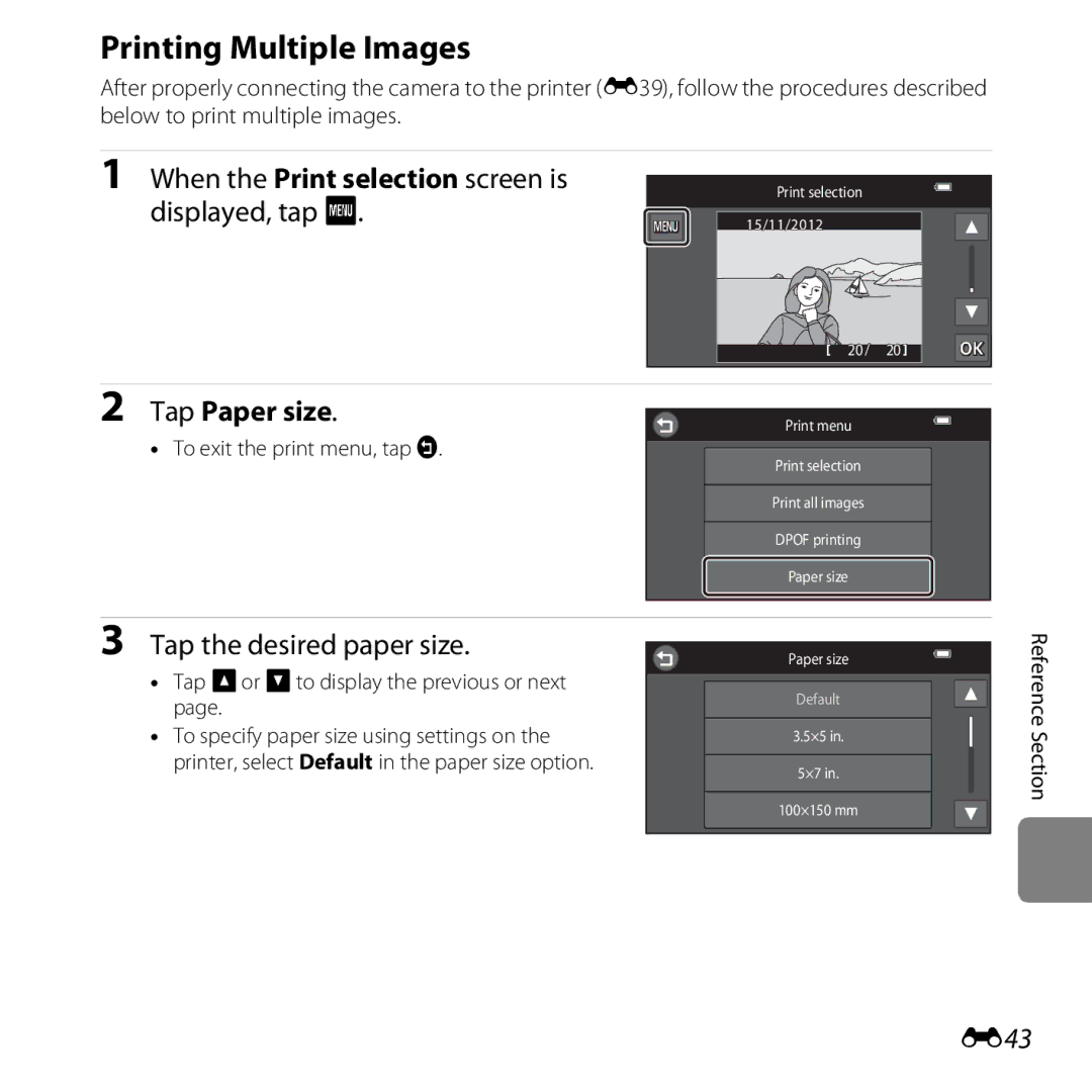 Nikon S6400 manual Printing Multiple Images, When the Print selection screen is displayed, tap F, Tap Paper size, E43 