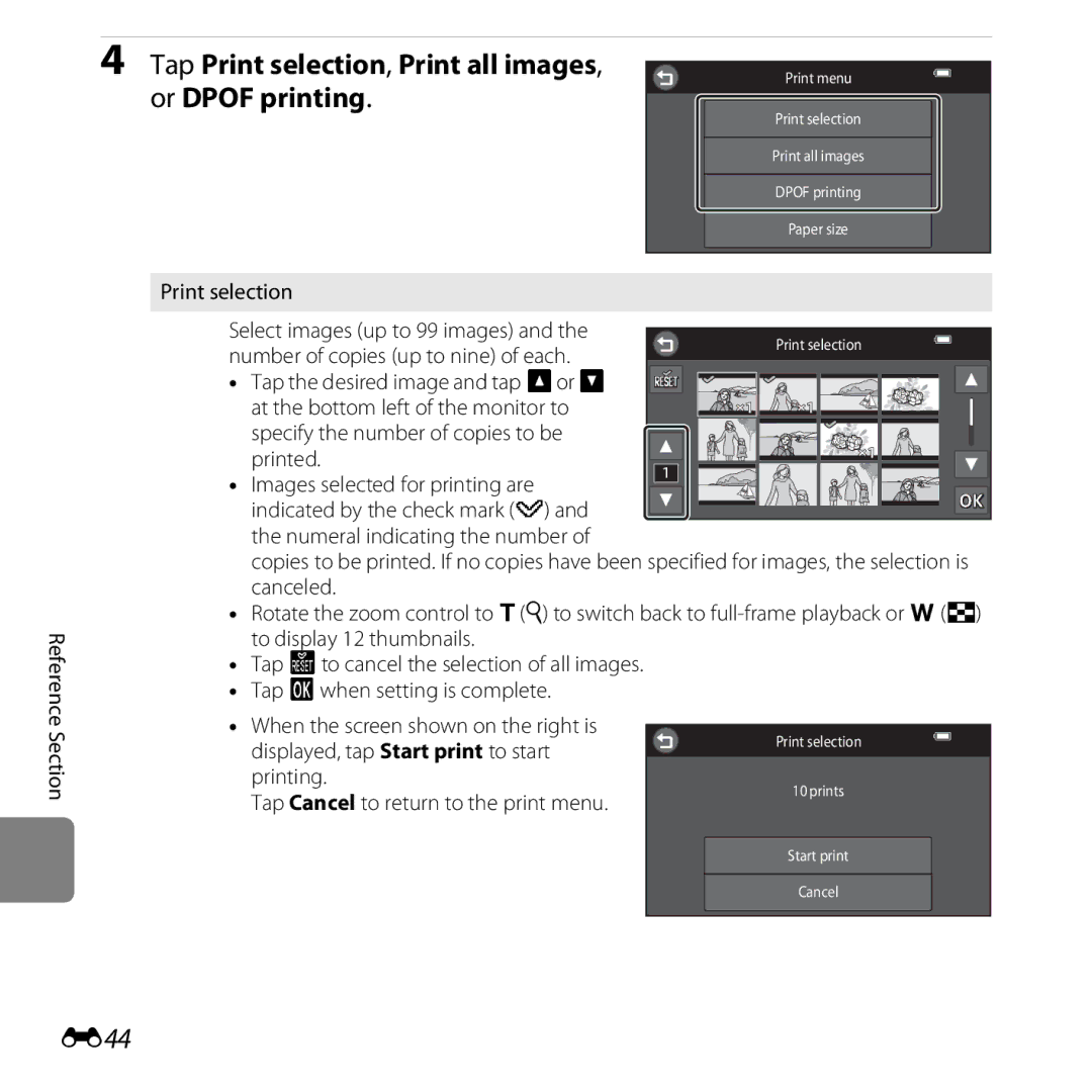 Nikon S6400 manual Tap Print selection, Print all images, or Dpof printing, E44, Number of copies up to nine of each 