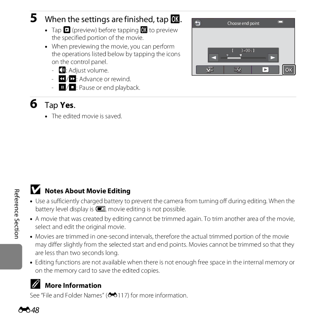 Nikon S6400 manual When the settings are finished, tap, E48, See File and Folder Names E117 for more information 