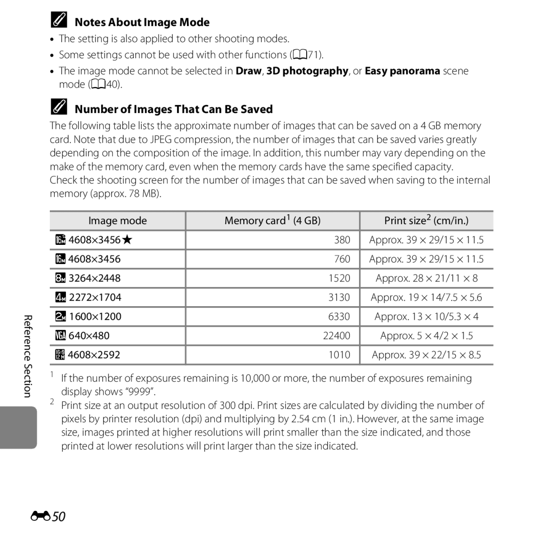 Nikon S6400 manual E50, Number of Images That Can Be Saved, P4608×3456 760, R3264×2448 1520, 2272×1704 3130 