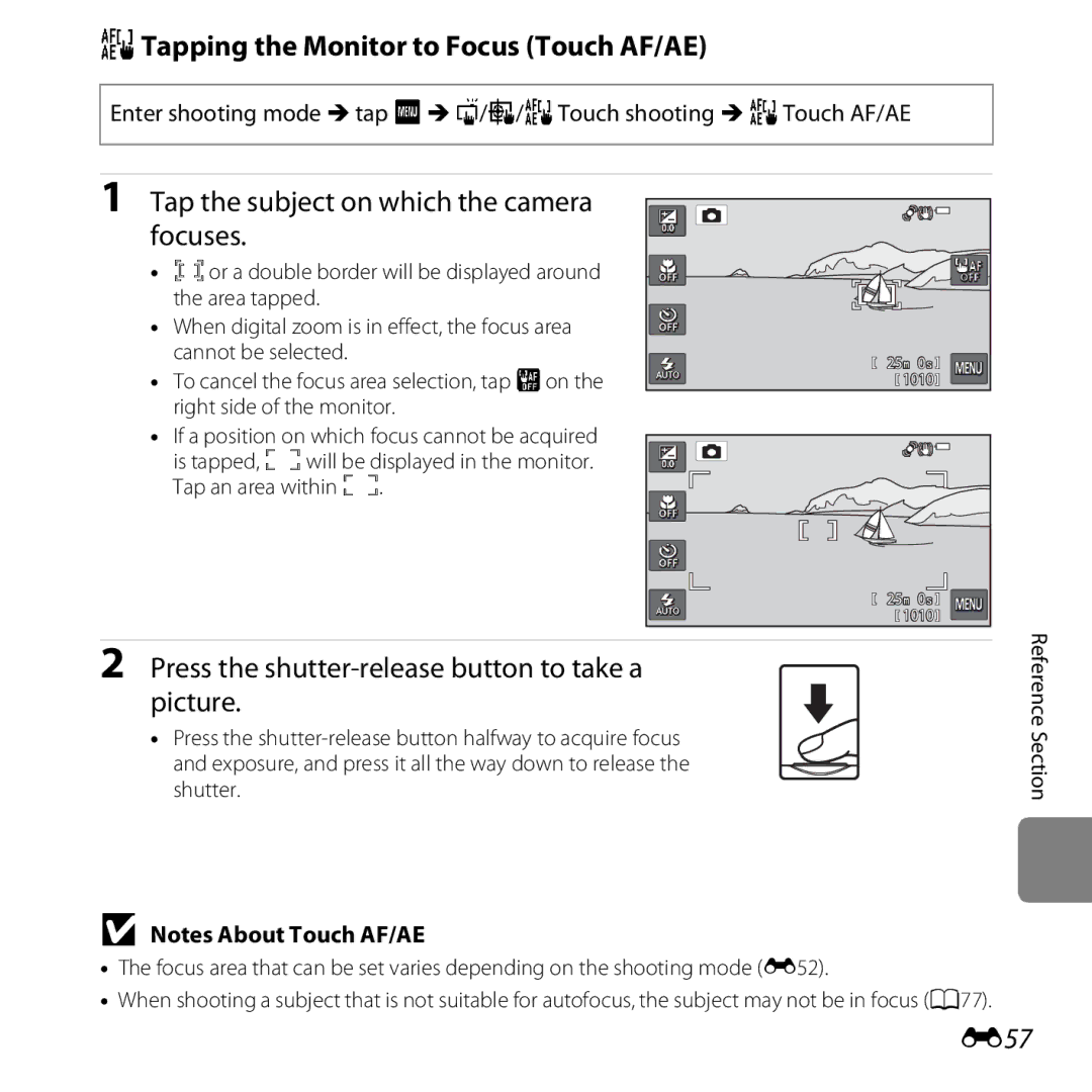 Nikon S6400 manual RTapping the Monitor to Focus Touch AF/AE, Tap the subject on which the camera focuses, E57 