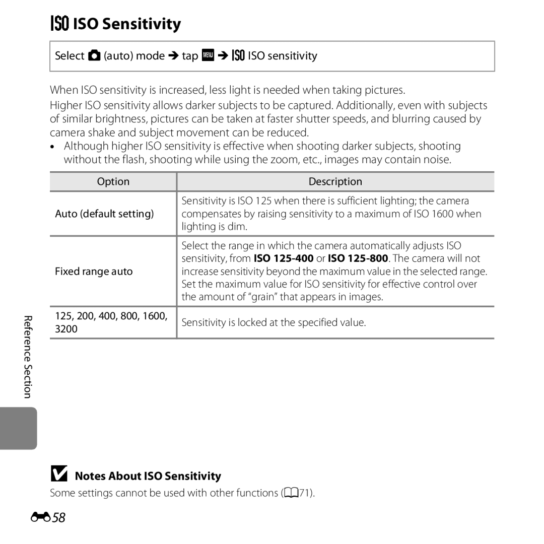 Nikon S6400 manual Eiso Sensitivity, E58 