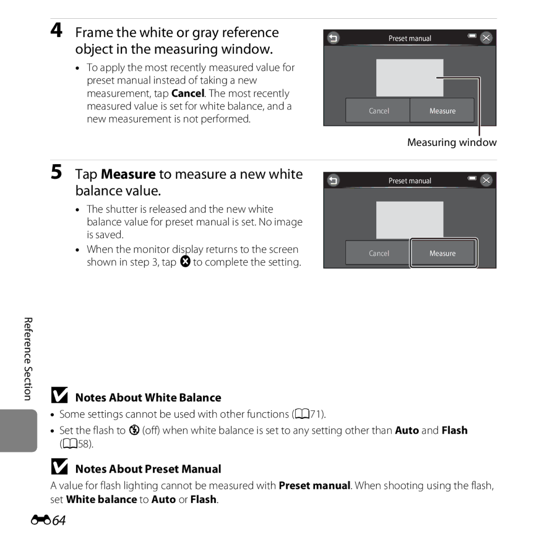 Nikon S6400 manual Tap Measure to measure a new white balance value, E64, Measuring window 