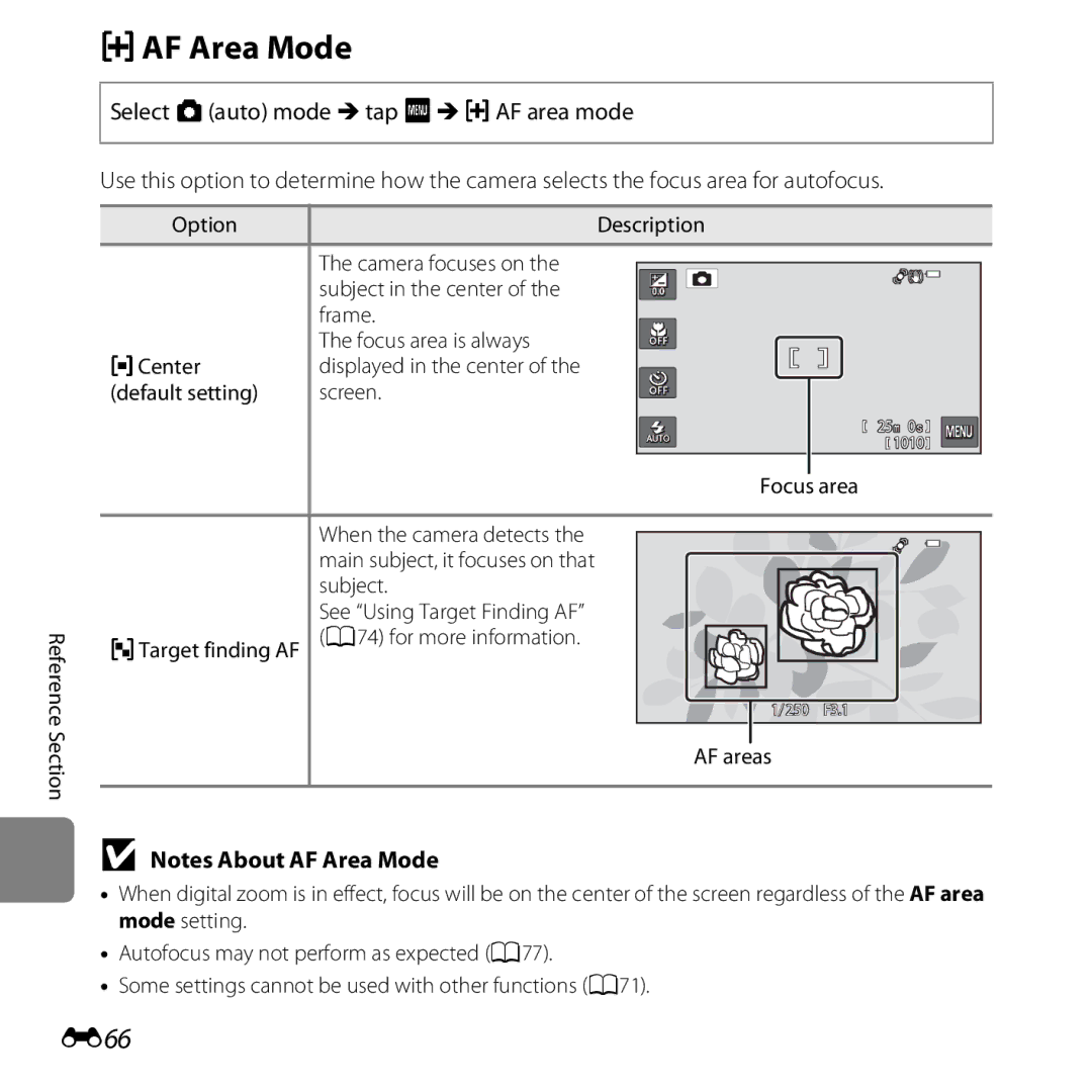 Nikon S6400 manual GAF Area Mode, E66, AF areas 