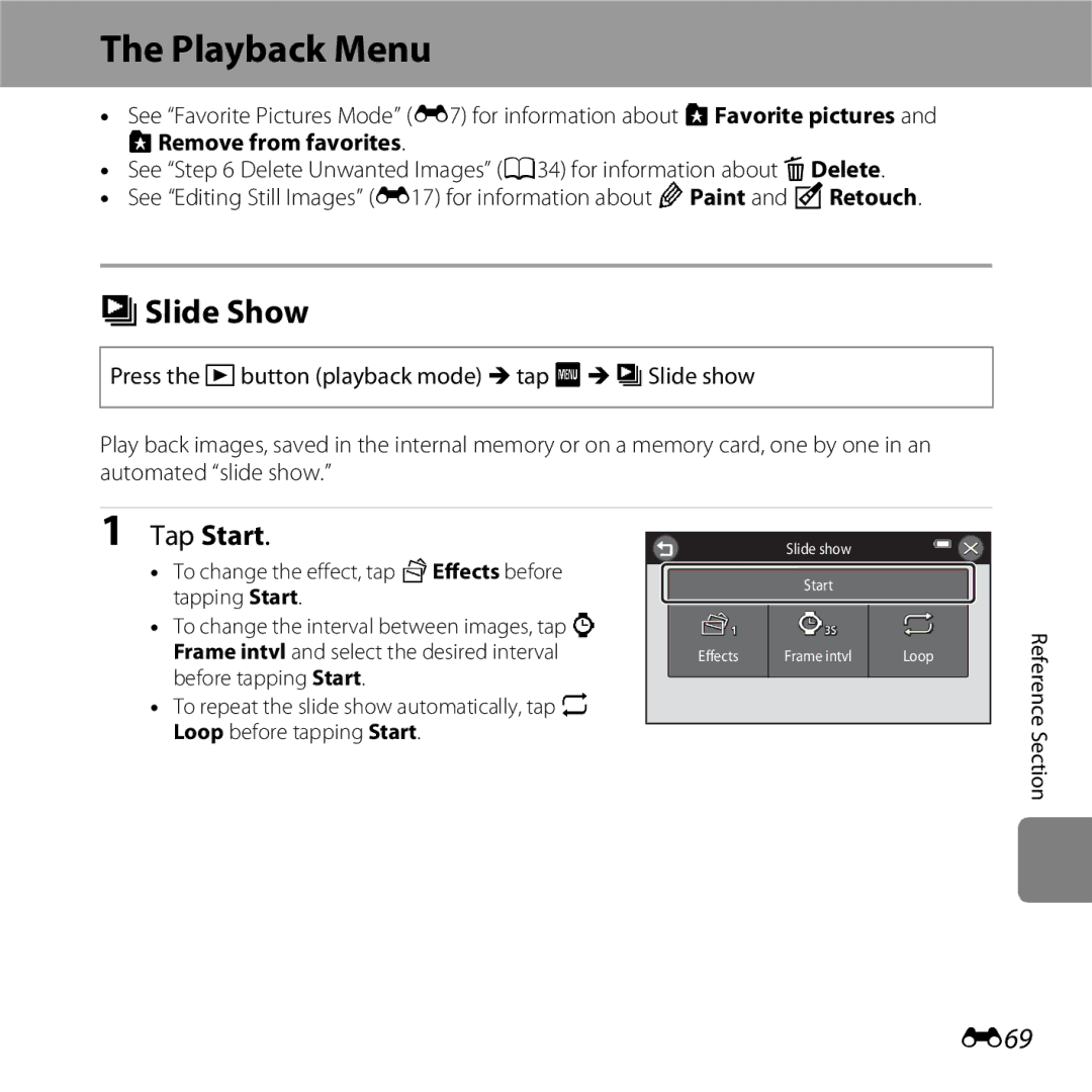 Nikon S6400 manual Playback Menu, BSlide Show, Tap Start, E69 