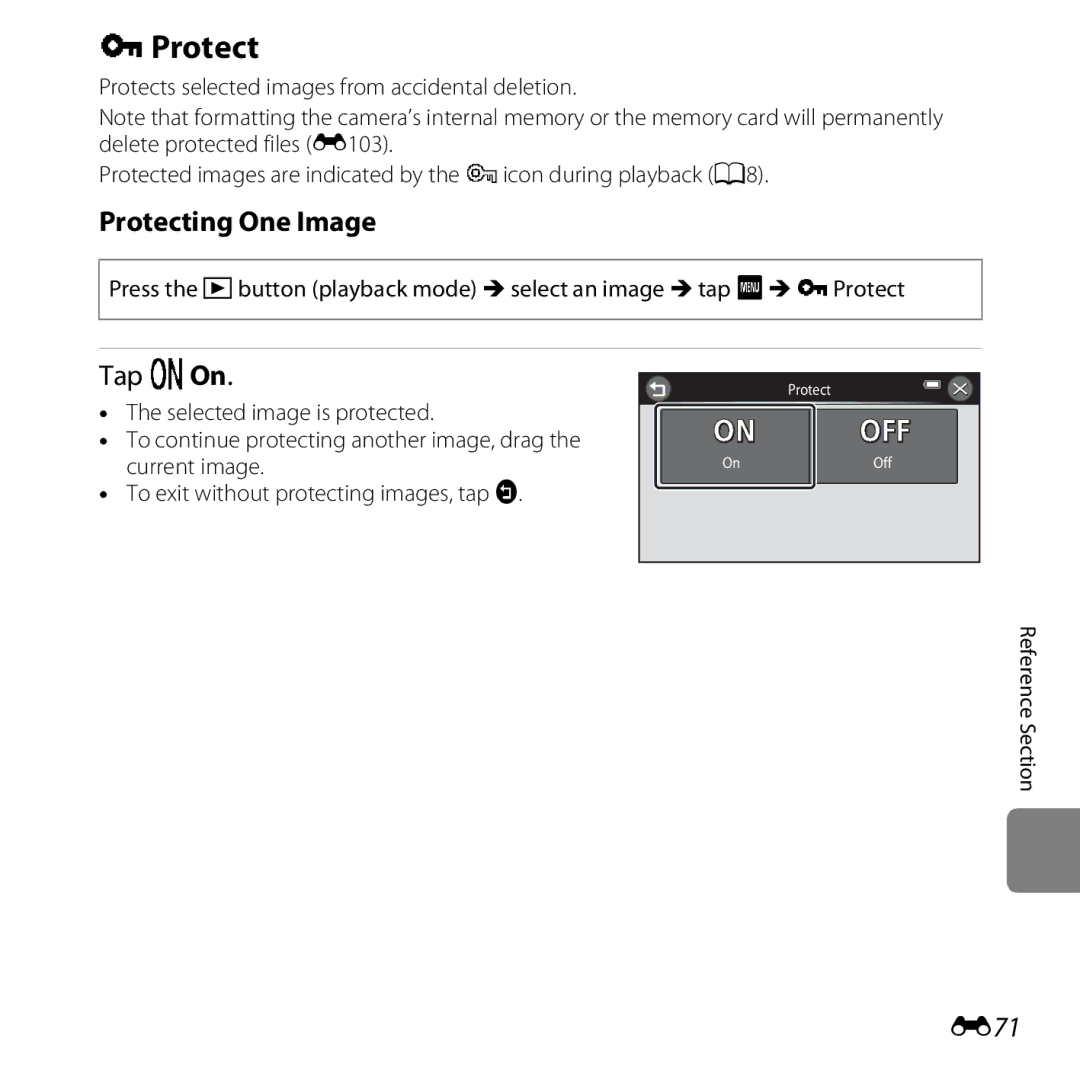 Nikon S6400 manual Protecting One Image, Tap oOn, E71 