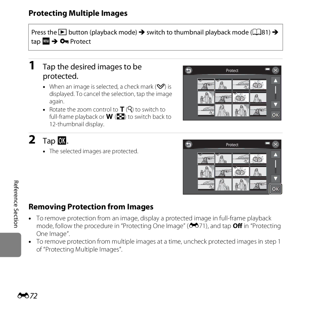 Nikon S6400 manual Protecting Multiple Images, Tap the desired images to be protected, Removing Protection from Images, E72 