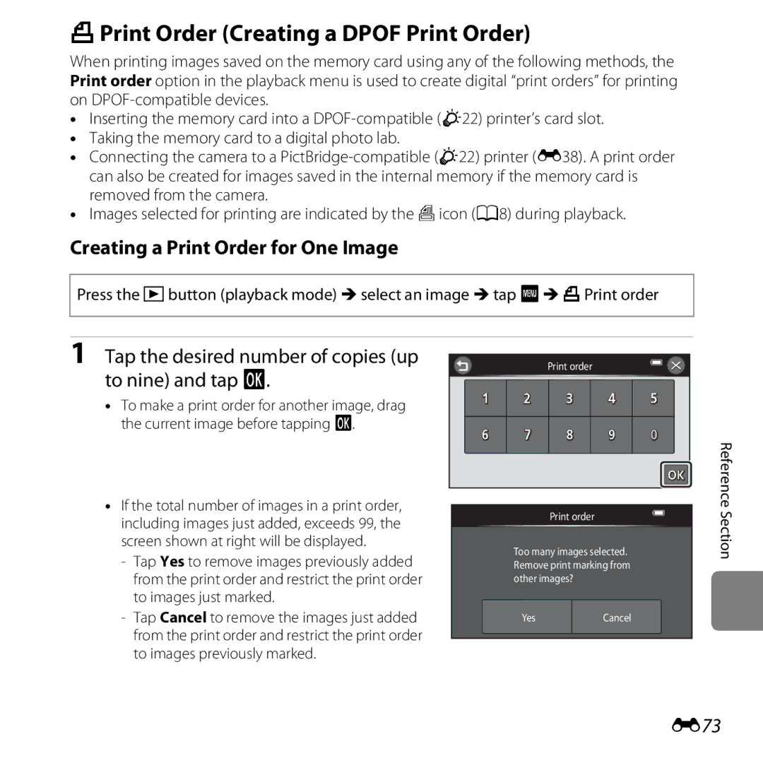 Nikon S6400 manual APrint Order Creating a Dpof Print Order, Creating a Print Order for One Image, E73 