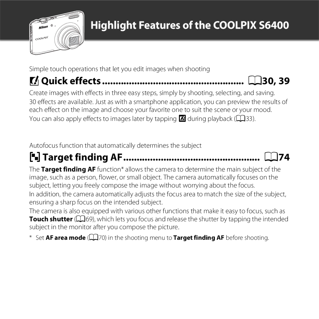 Nikon manual Highlight Features of the Coolpix S6400 