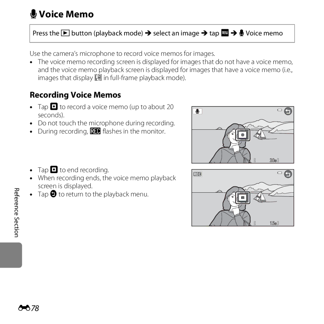 Nikon S6400 manual EVoice Memo, Recording Voice Memos, E78 