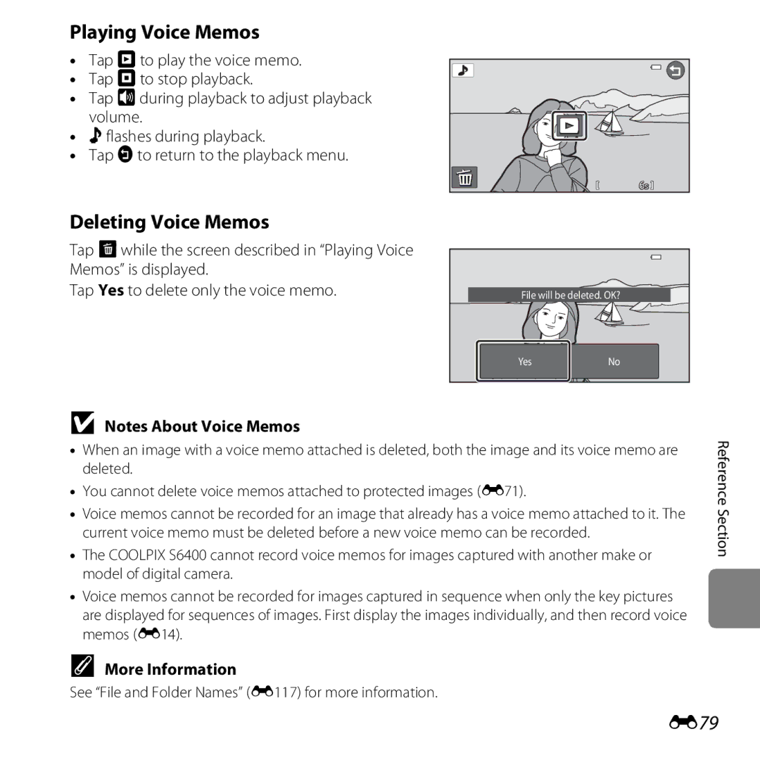 Nikon S6400 manual Playing Voice Memos, Deleting Voice Memos, E79 