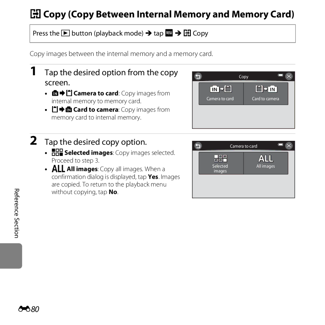 Nikon S6400 manual HCopy Copy Between Internal Memory and Memory Card, Tap the desired option from the copy screen, E80 