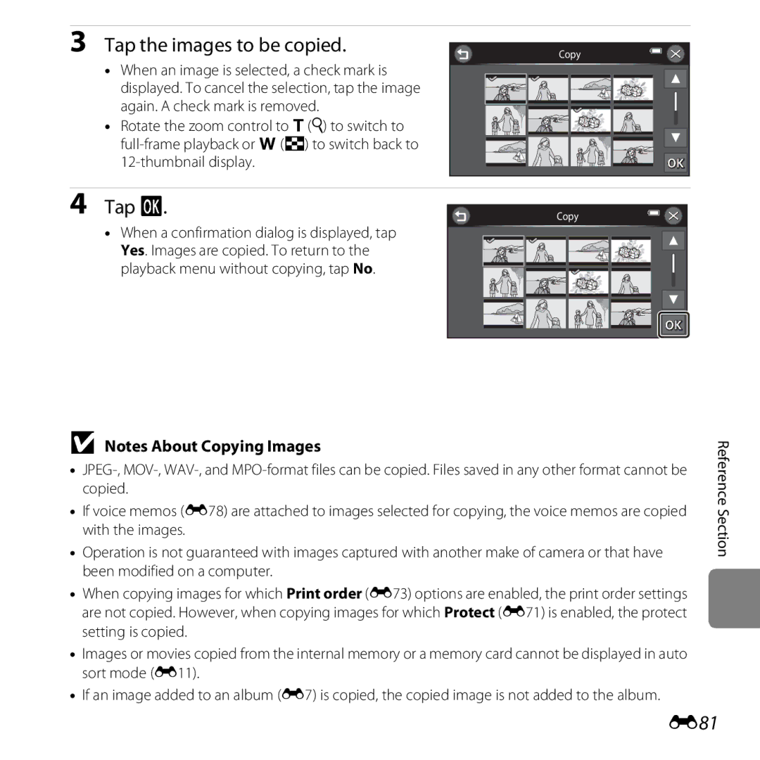 Nikon S6400 manual Tap the images to be copied, E81 