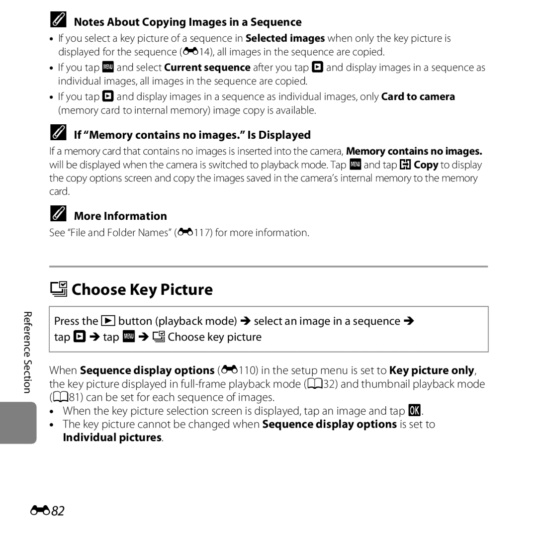 Nikon S6400 manual NChoose Key Picture, E82, If Memory contains no images. Is Displayed 