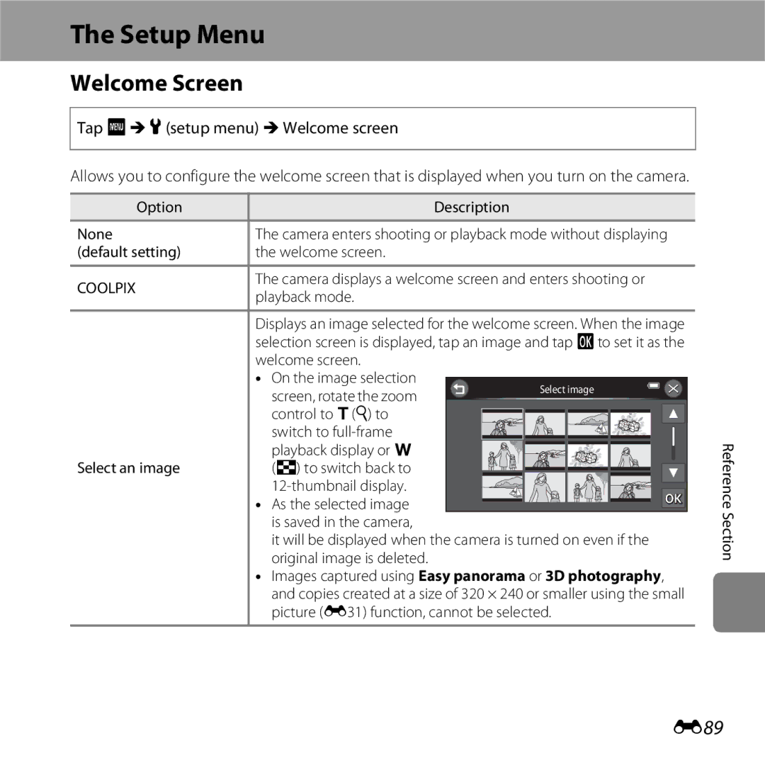 Nikon S6400 manual Setup Menu, Welcome Screen, E89, Tap F Mzsetup menu MWelcome screen 