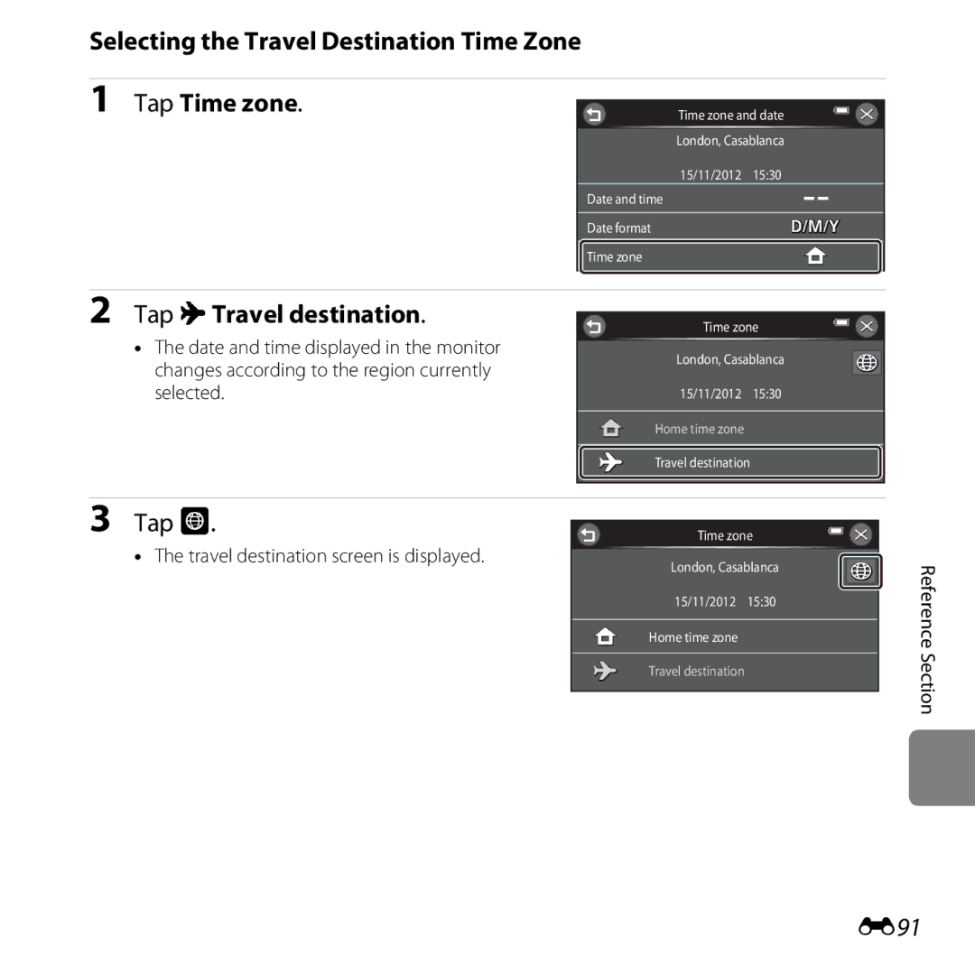 Nikon S6400 manual Selecting the Travel Destination Time Zone Tap Time zone, Tap xTravel destination, E91 