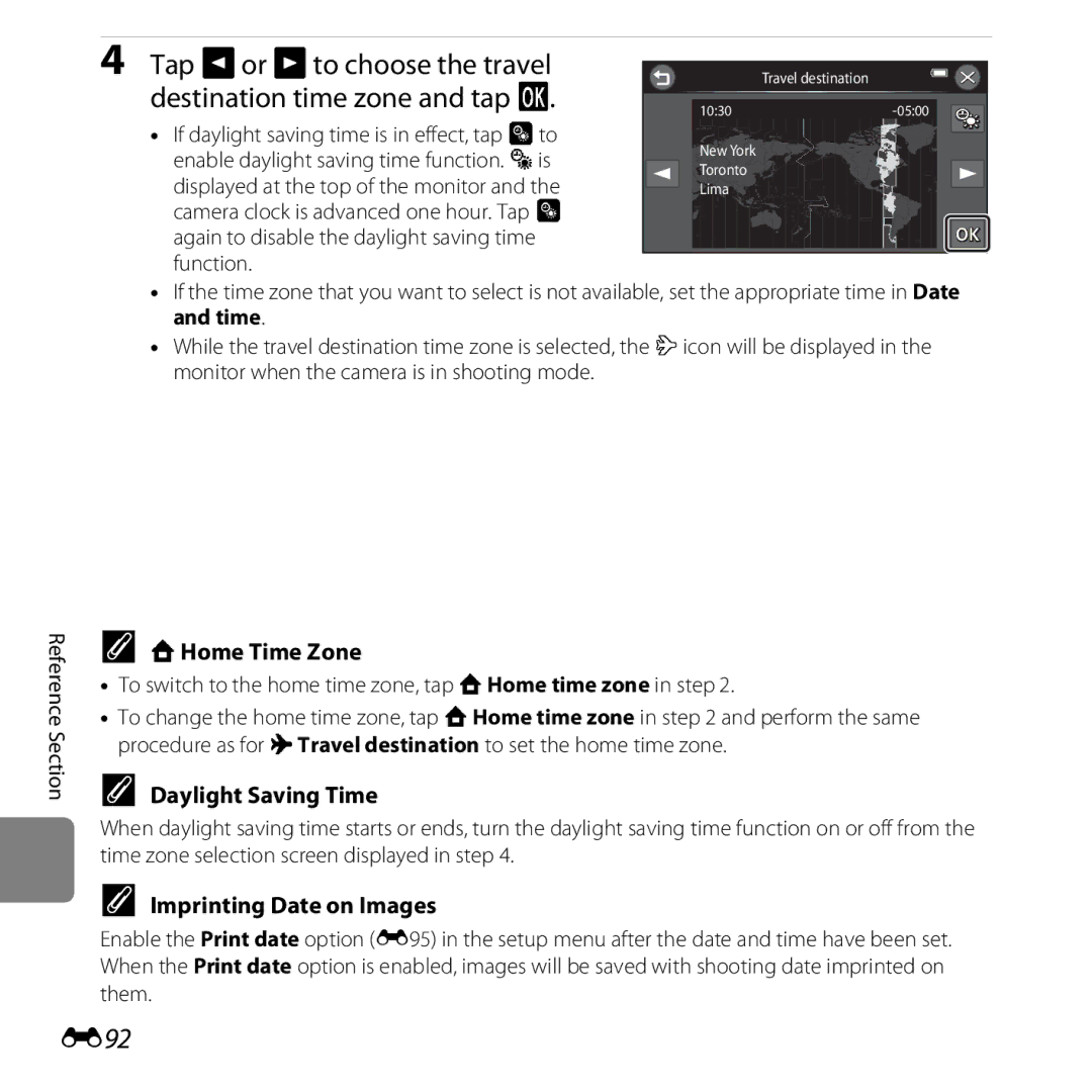 Nikon S6400 manual Tap Gor Hto choose the travel, Destination time zone and tap, E92 