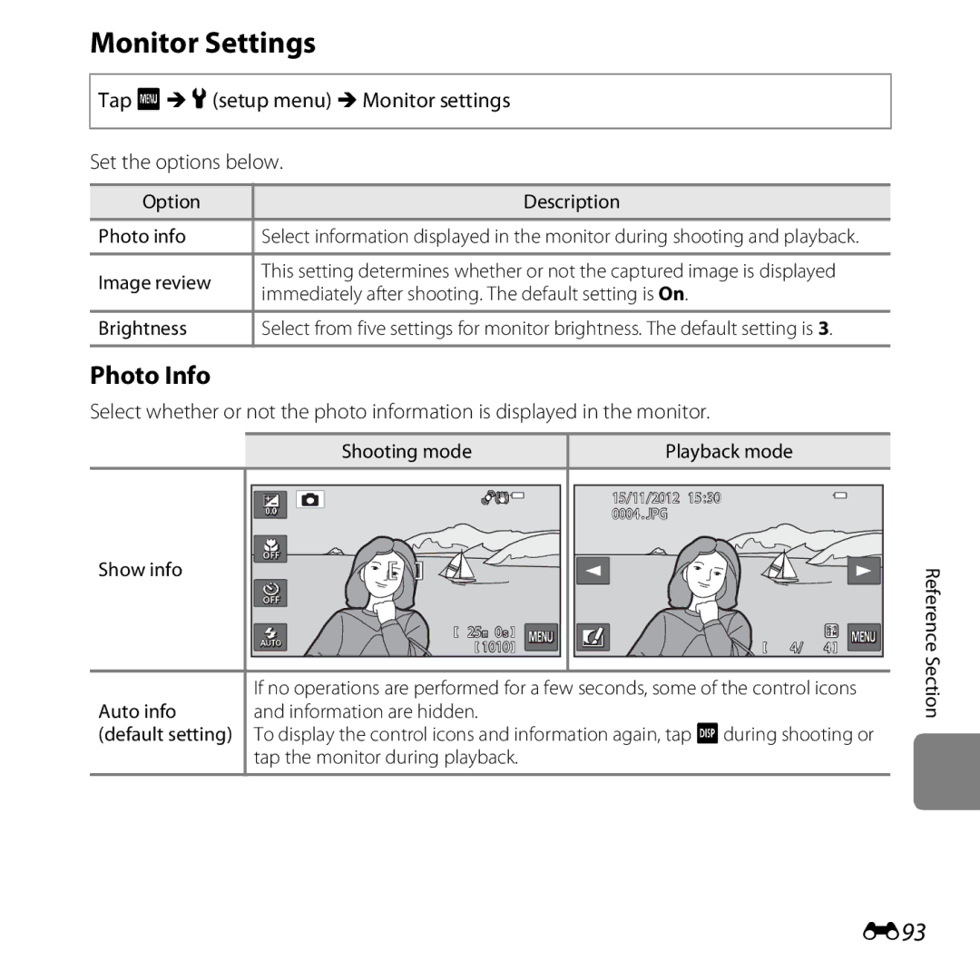 Nikon S6400 manual Monitor Settings, Photo Info, E93, Tap FMz setup menu MMonitor settings Set the options below 