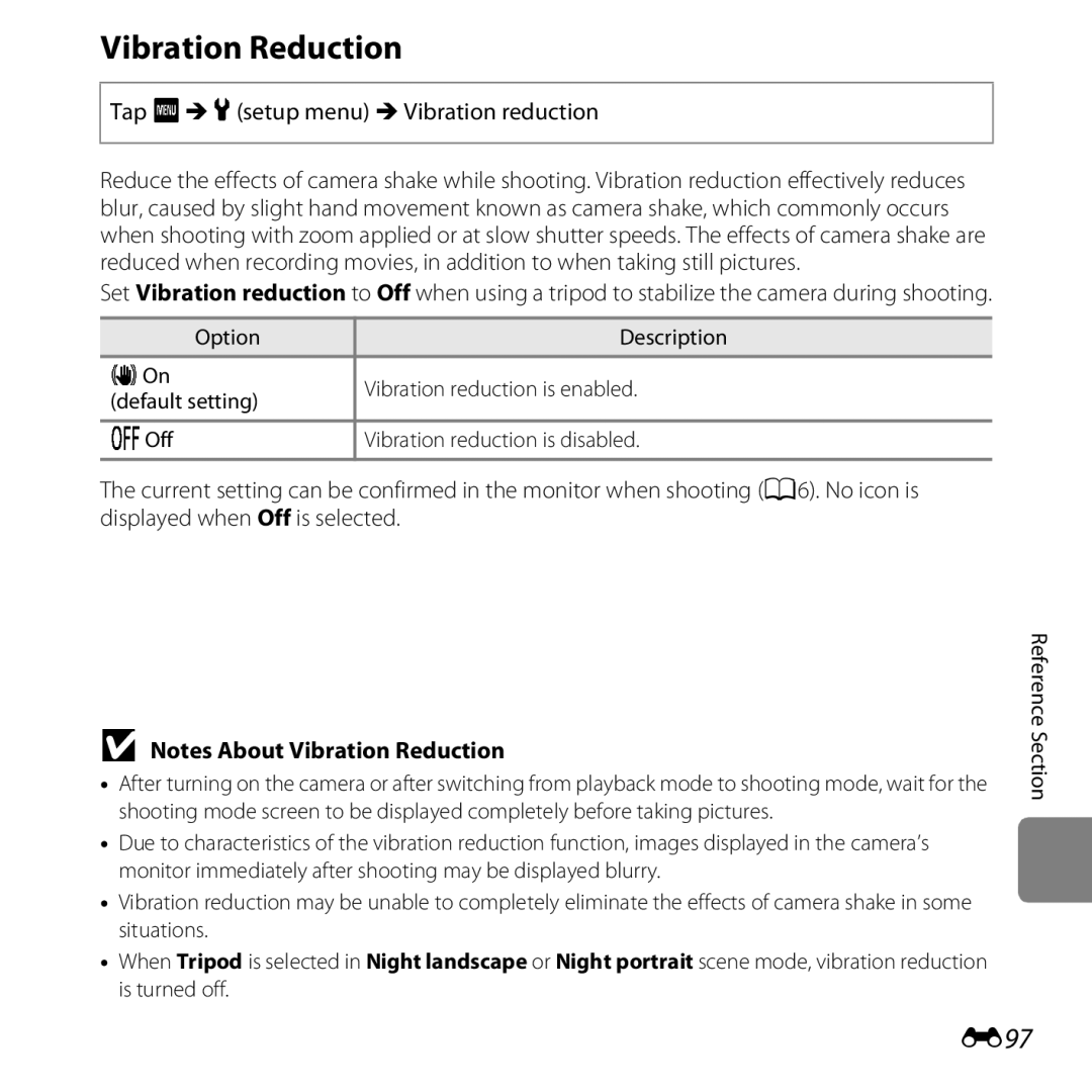 Nikon S6400 manual Vibration Reduction, E97, Tap F Mzsetup menu MVibration reduction 