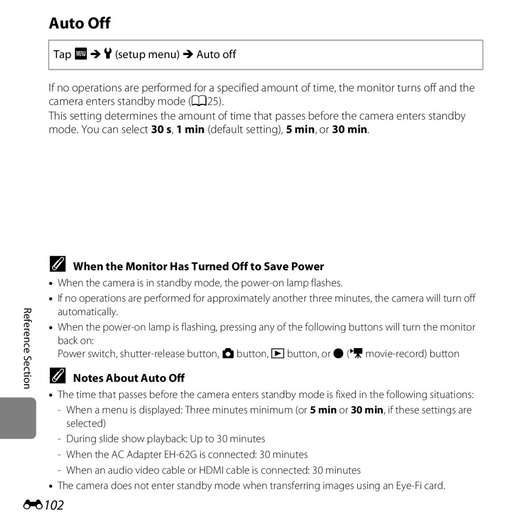 Nikon S6400 manual Auto Off, E102, When the Monitor Has Turned Off to Save Power 