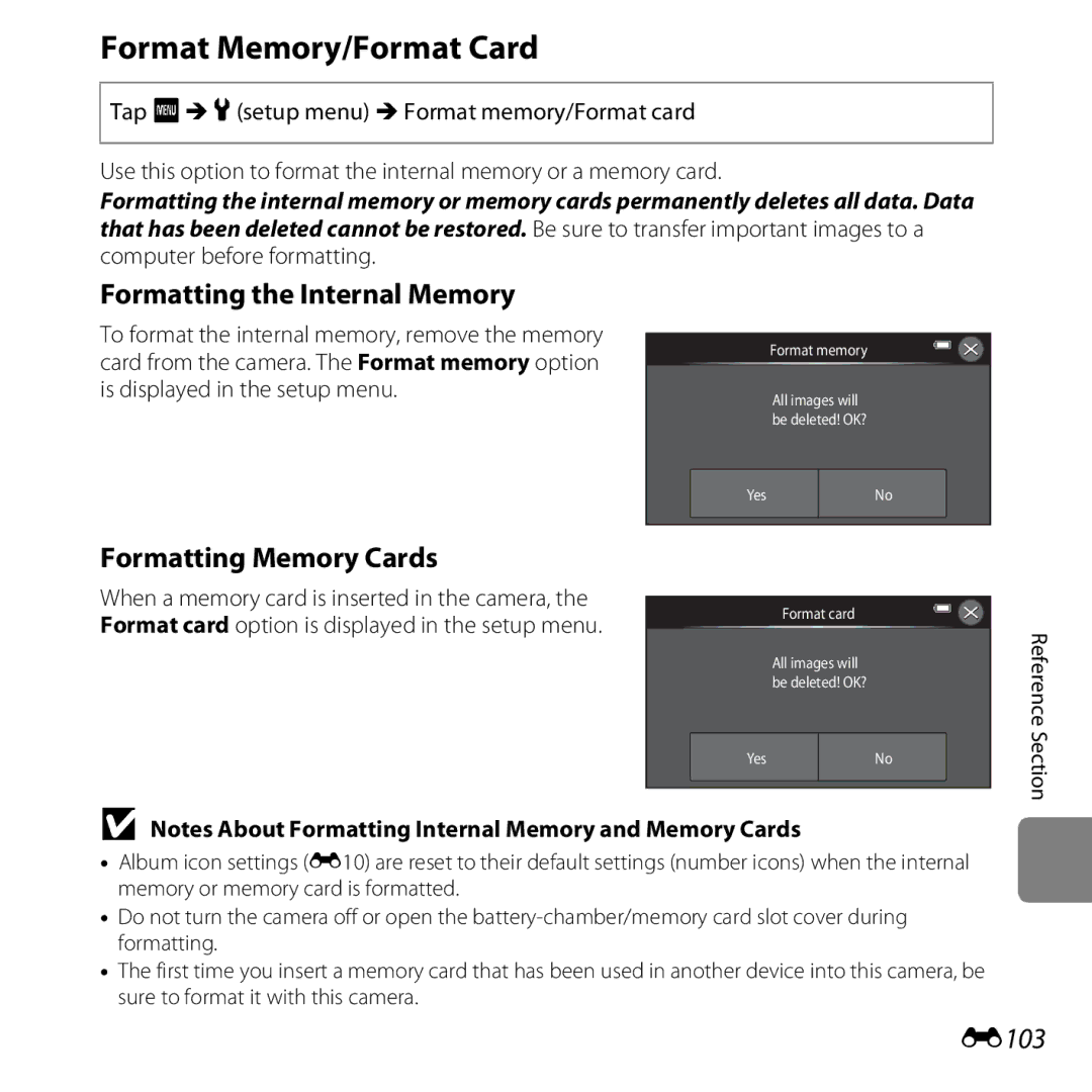 Nikon S6400 manual Format Memory/Format Card, Formatting the Internal Memory, Formatting Memory Cards, E103 