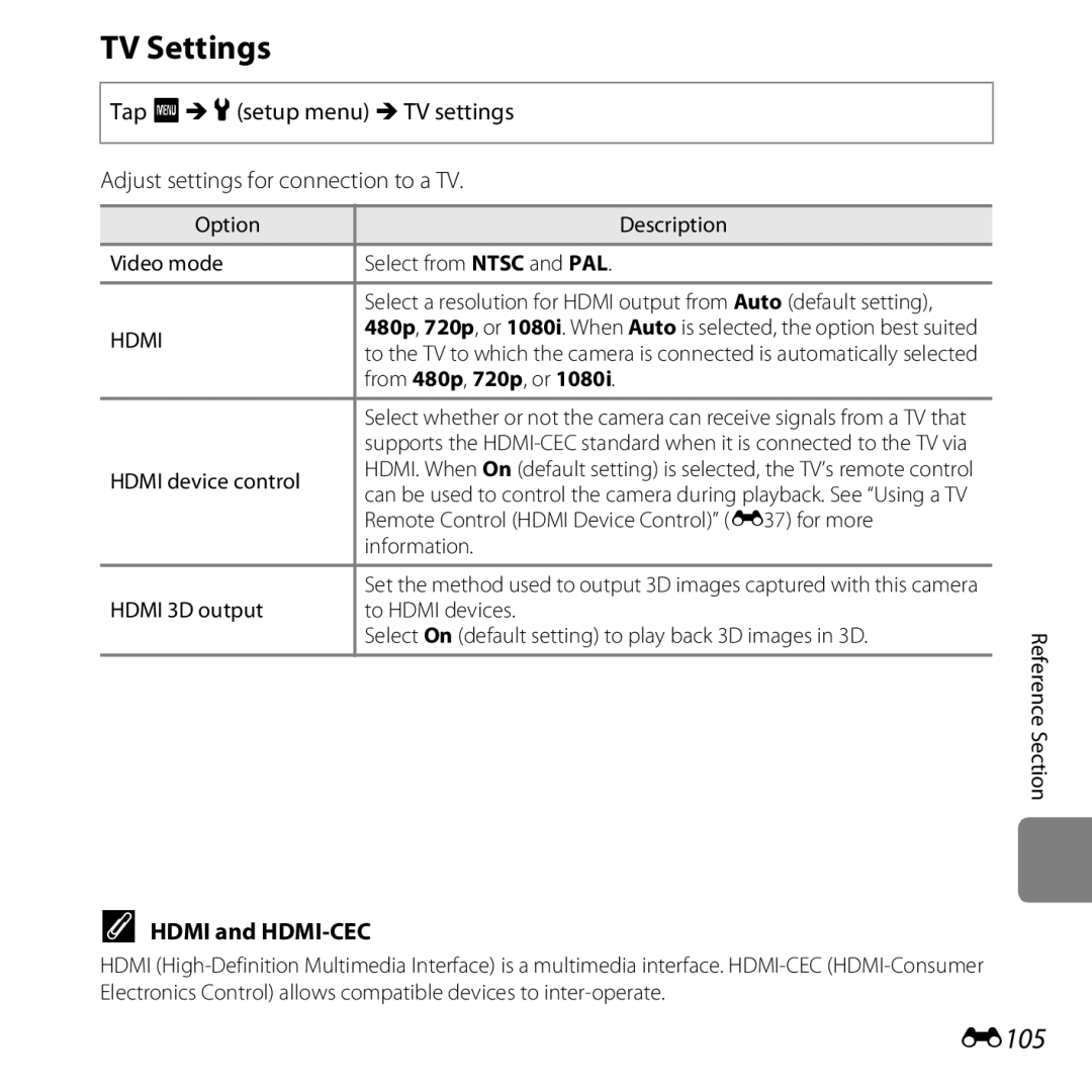 Nikon S6400 manual TV Settings, E105, Hdmi and HDMI-CEC 