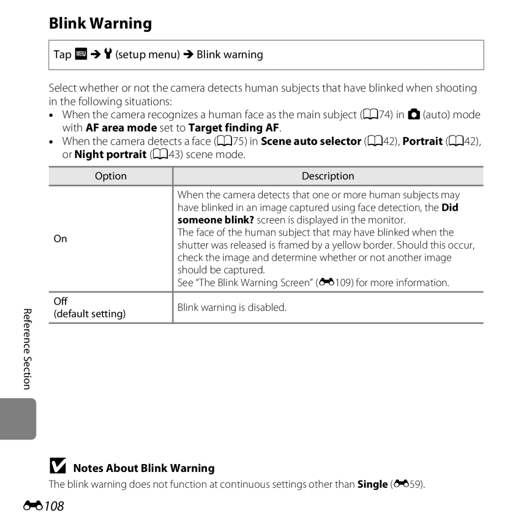 Nikon S6400 manual Blink Warning, E108 