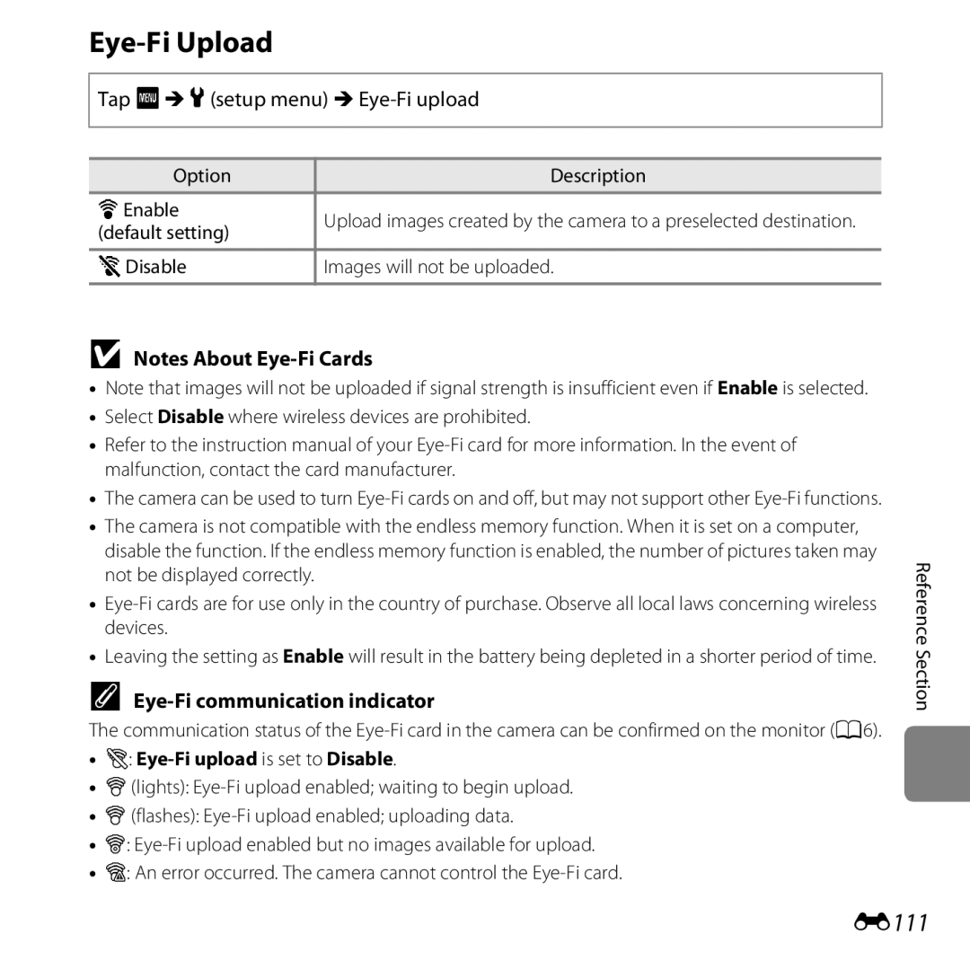 Nikon S6400 manual Eye-Fi Upload, E111, Tap F Mzsetup menu MEye-Fi upload, Eye-Fi communication indicator 