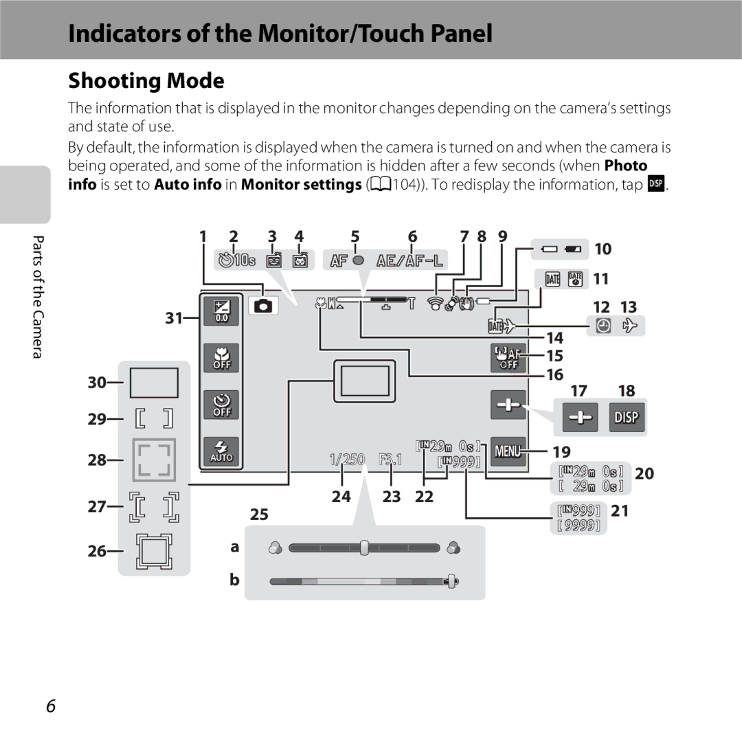 Nikon S6400 manual Indicators of the Monitor/Touch Panel, Shooting Mode 