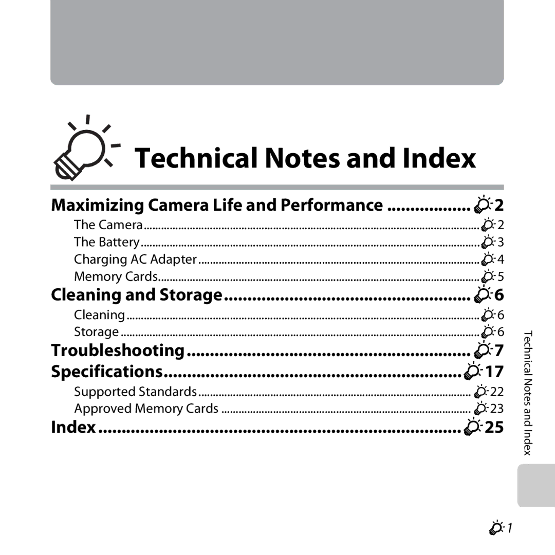 Nikon S6400 manual Specifications, Cleaning and Storage, Troubleshooting, Technical Notes and Index 