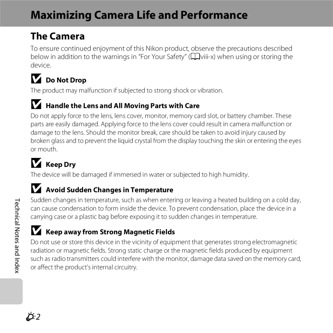 Nikon S6400 manual Maximizing Camera Life and Performance 