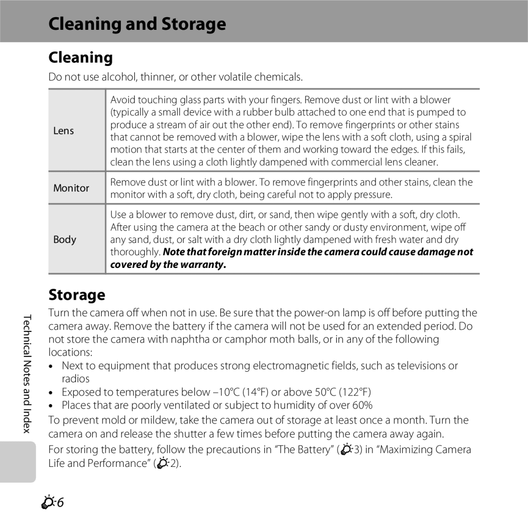 Nikon S6400 manual Cleaning and Storage, Do not use alcohol, thinner, or other volatile chemicals 