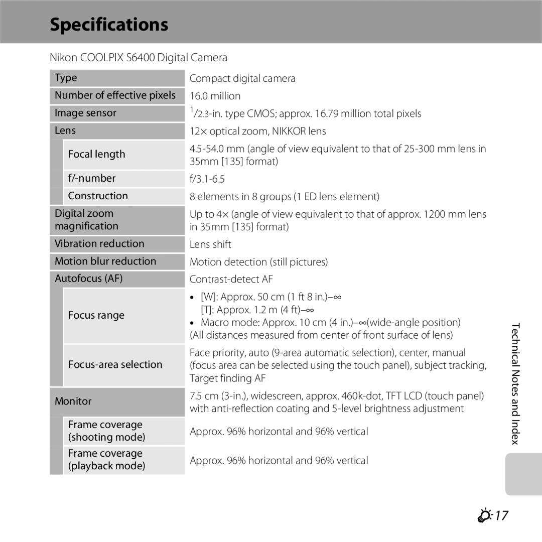 Nikon manual Specifications, F17, Nikon Coolpix S6400 Digital Camera, Type 