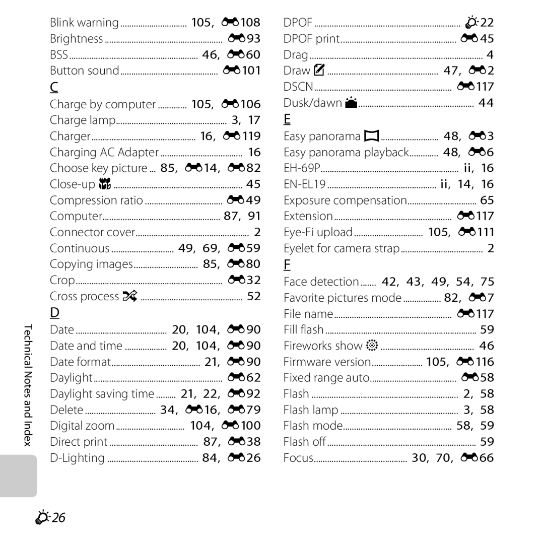 Nikon S6400 manual F26, Face detection ...... , 43, 49, 54 