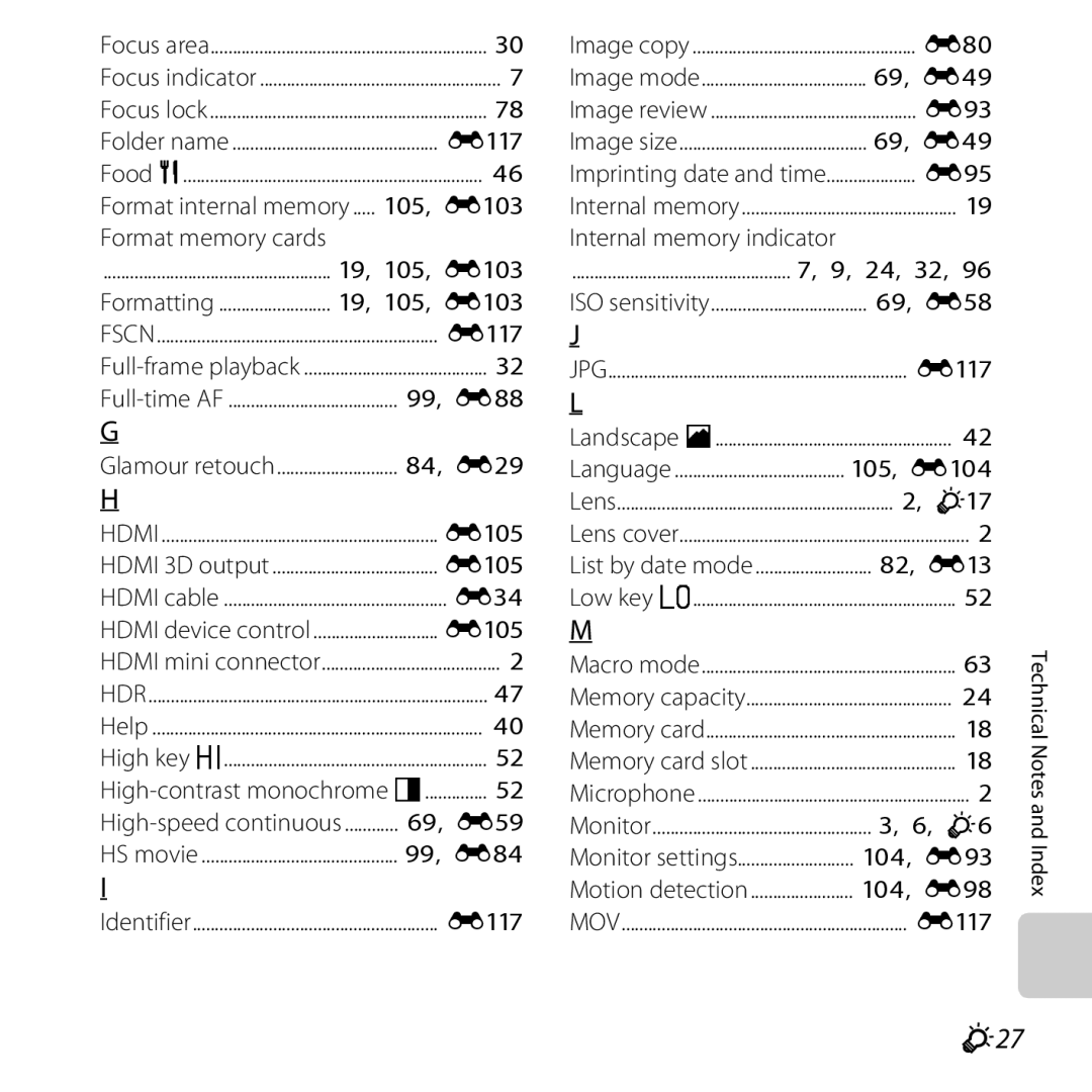 Nikon S6400 manual F27, Format memory cards, High-contrast monochrome F 