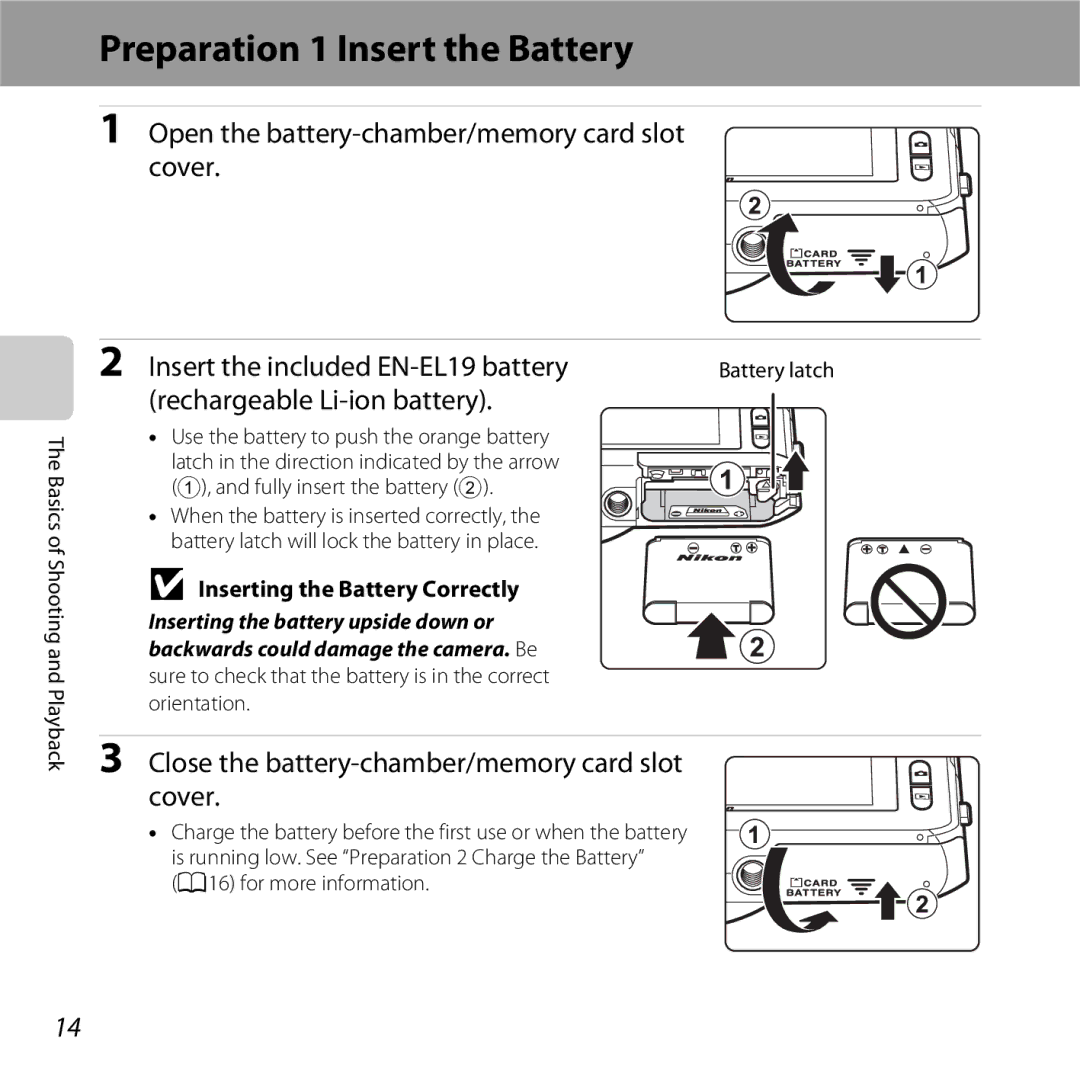 Nikon S6400 Preparation 1 Insert the Battery, Open the battery-chamber/memory card slot cover, Rechargeable Li-ion battery 