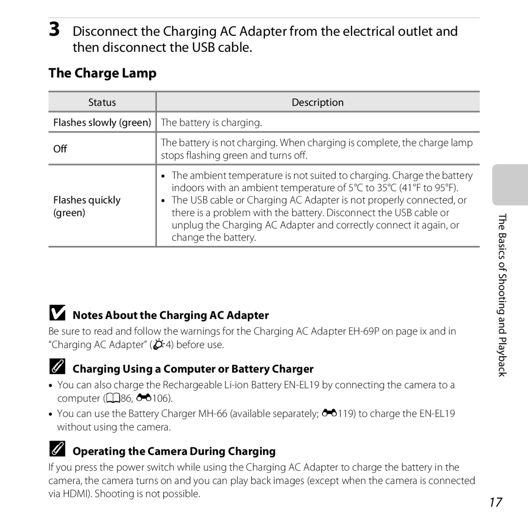 Nikon S6400 manual Charge Lamp, Charging Using a Computer or Battery Charger, Operating the Camera During Charging 